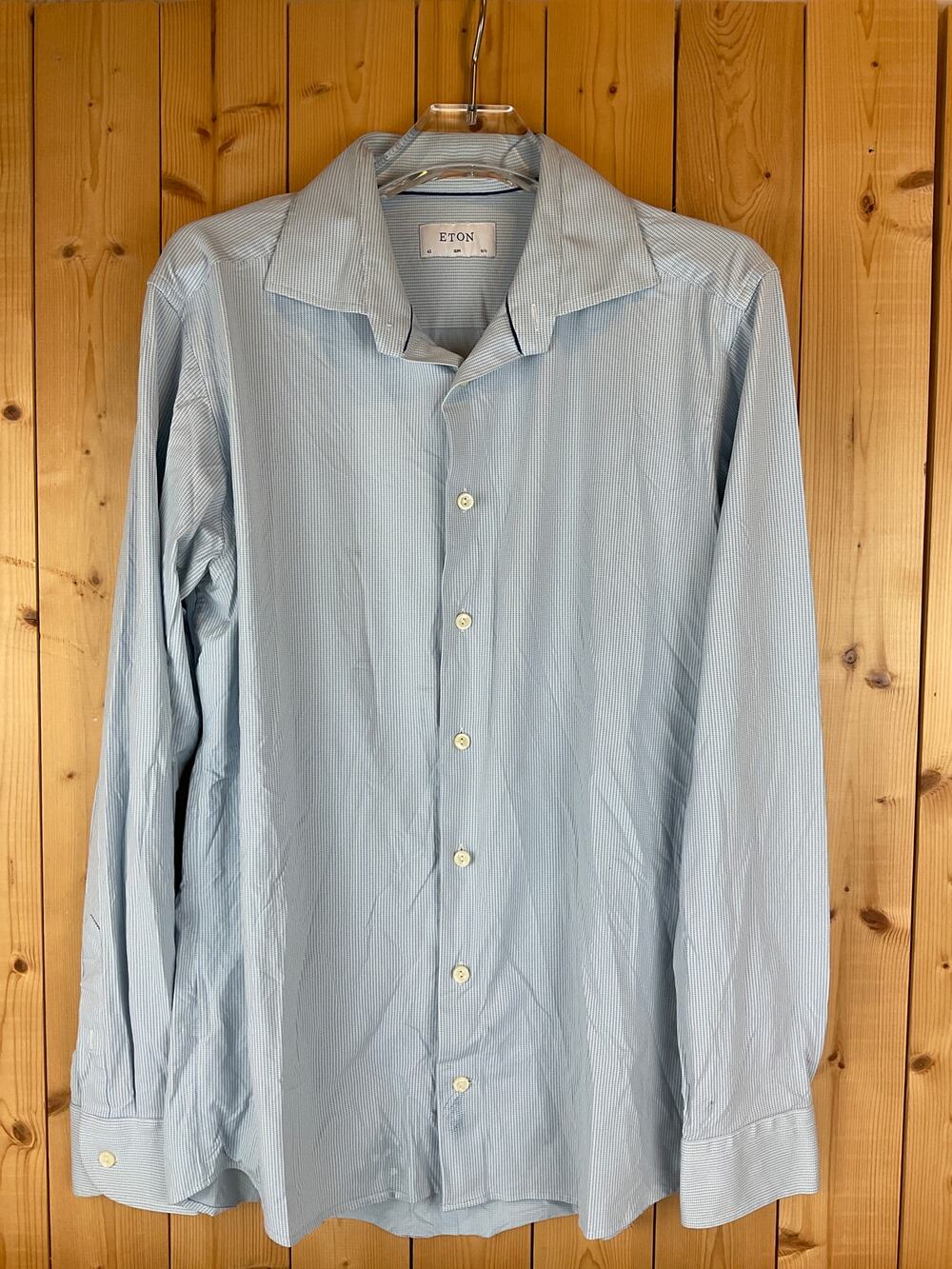 Eton Men's Long Sleeve Slim Fit Dress Shirt, White/Blue Checks - **Size L**